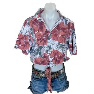 Hawaiian Shirt Tropical Button Down Crop Top One Size Oversized Hibiscus Unique